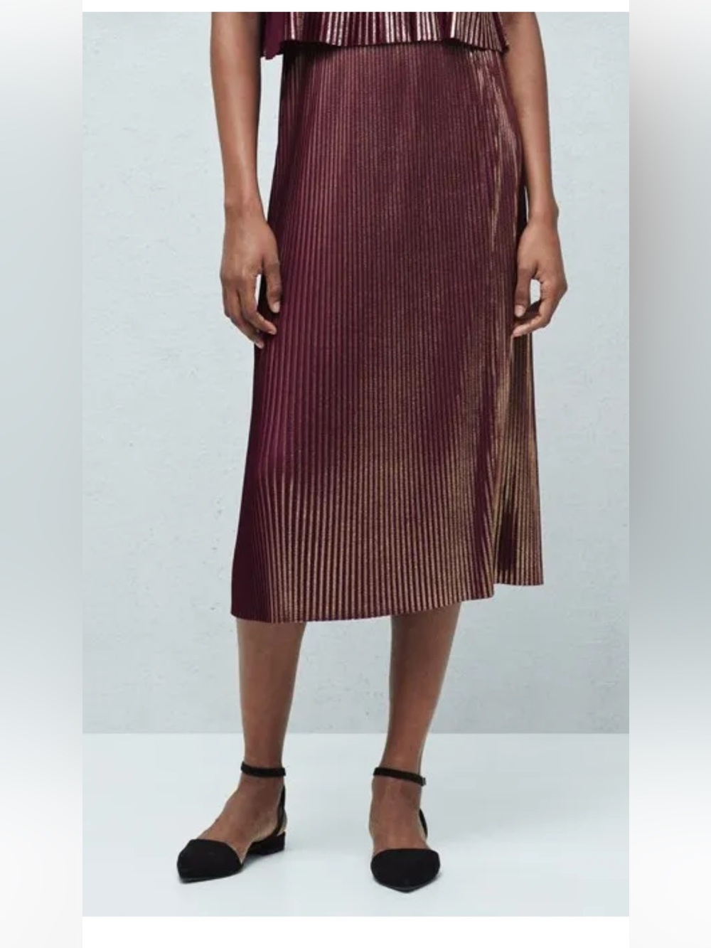 Mango Metallic Pleated Skirt in Wine